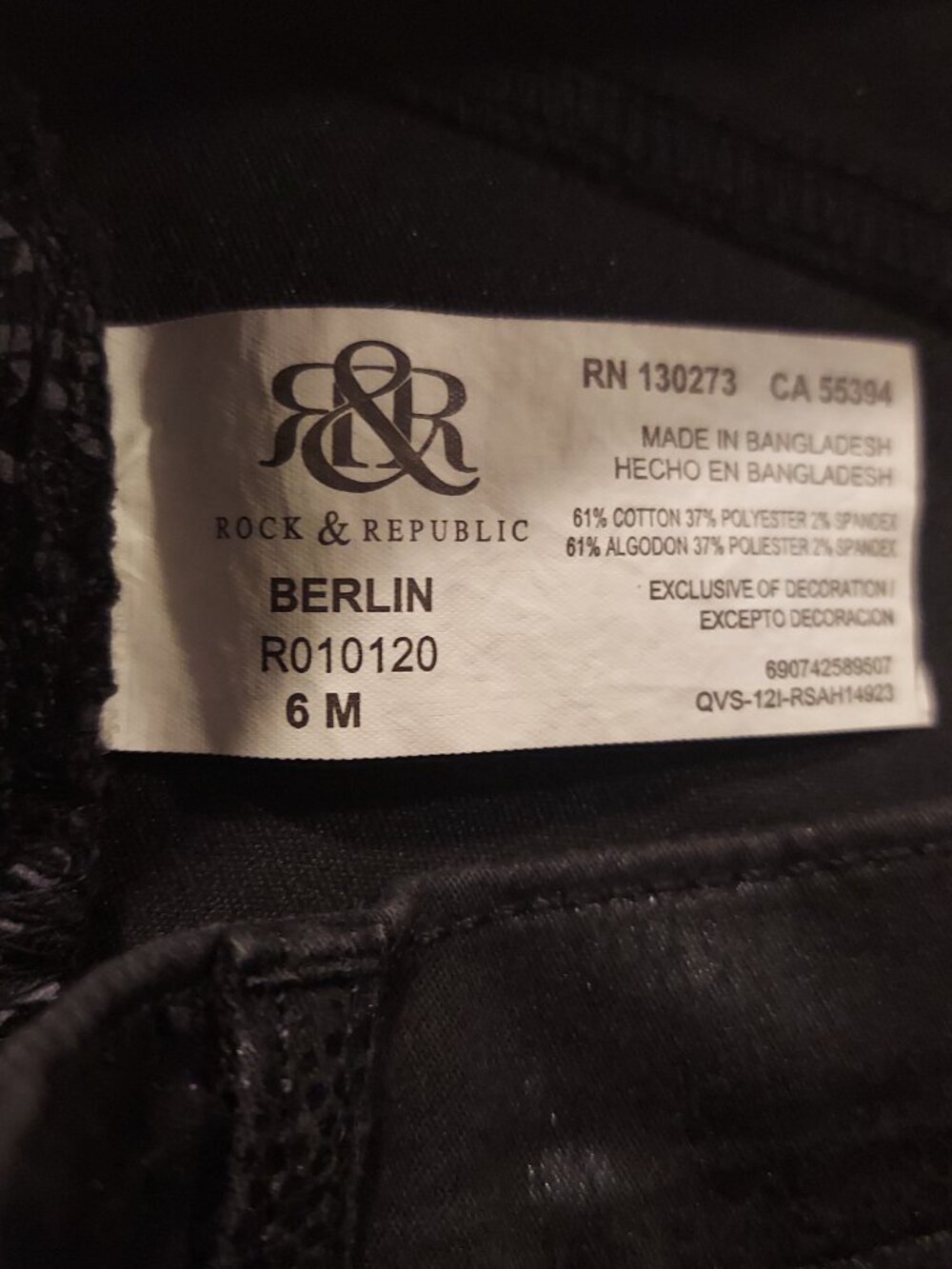 Rock & Republic Berlin Skinny Jeans Metallic Coated Black Women’s Size 6 - Picture 2 of 8